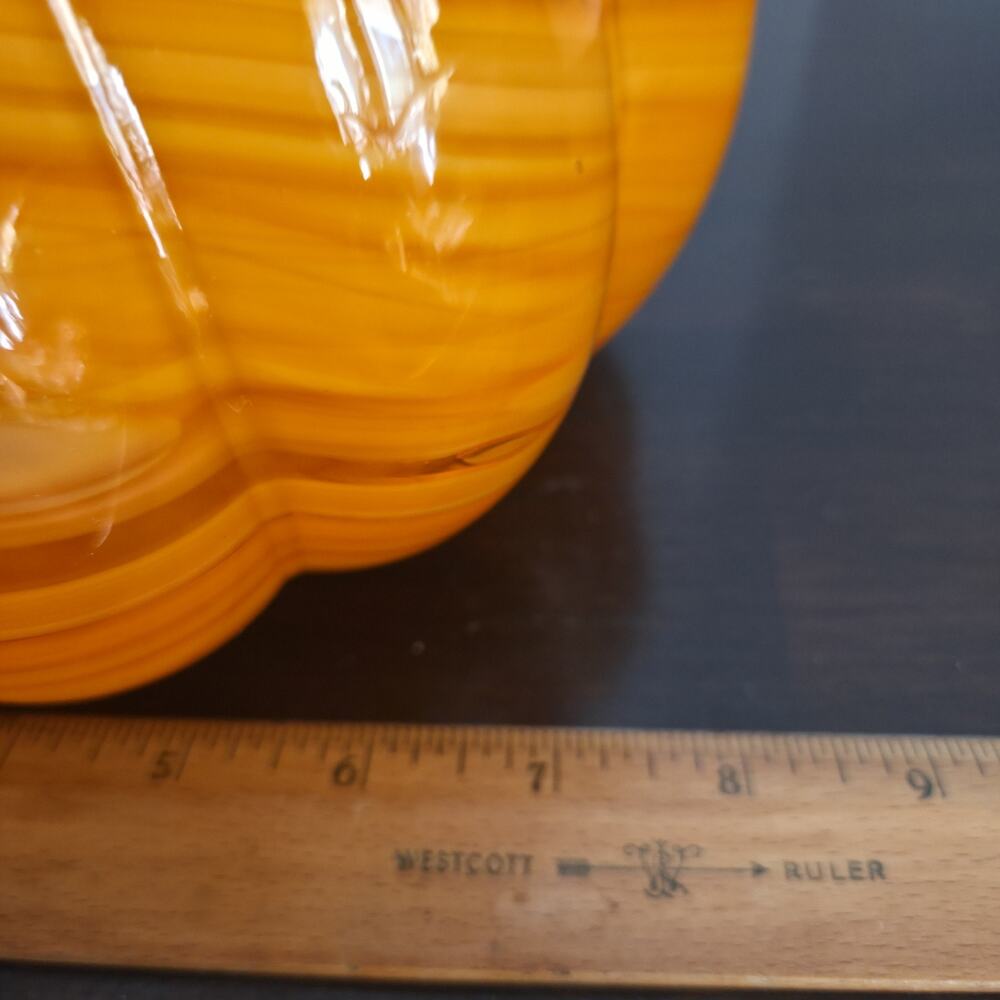 Hand Blown Art Glass Pumpkin Measures 7" High By 8" Wide Orange Green Curly Stem - Picture 7 of 7